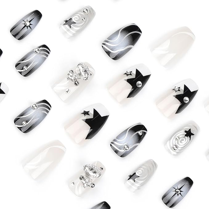 RTKHFZE Press on Nails Medium Coffin Fake Nails Black Gradient Acrylic Press on False Nails with y2k Planet Flash Diamond Artificial Press on Nails with Design Stick on Nails for Women