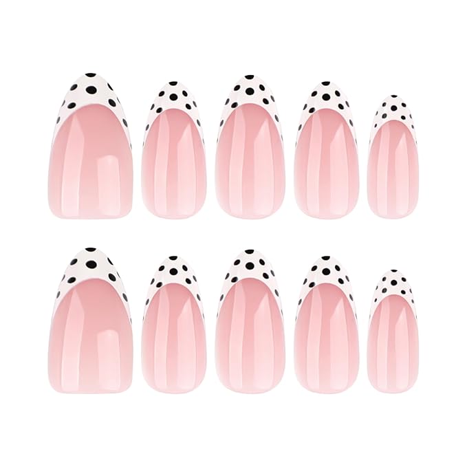 French Tip Press on Nails Polka Dot Fake Nails Almond Medium False Nails Cute Glue on Nails Reusable Acrylic Nail Glossy full Cover Stick on Nail for Women Manicure Deco 24Pcs