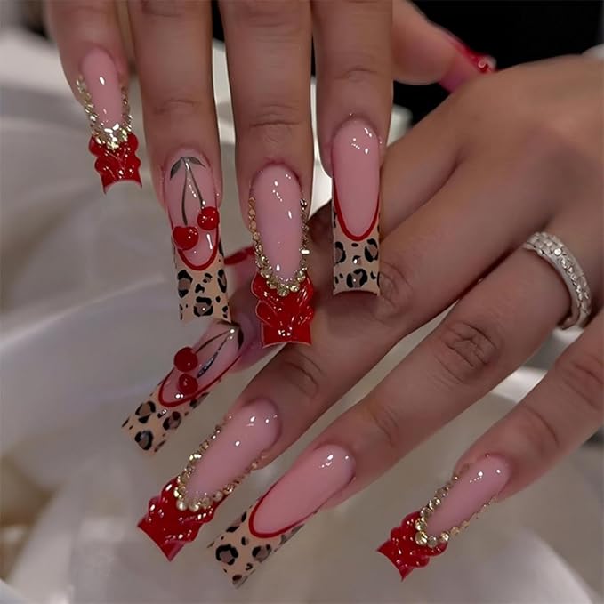 Long Press on Nails Square Fake Nails with 5D Cherry Charm Design Leopard French Tip Nails Press on Glossy Red False Nail Full Cover Rhinestones Glue on Nail for Women Manicure 24Pcs