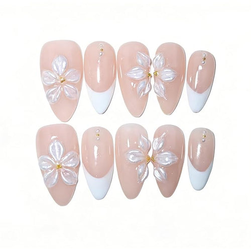 10 Medium Almond Handmade Press On Nails | Coquette Aesthetic Light Nude Pink French Fake Nails with 3D Floral & Gold Stud Accents | Reusable Salon Quality Nails (5U03, S)