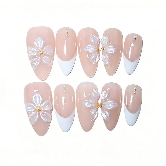 10 Medium Almond Handmade Press On Nails | Coquette Aesthetic Light Nude Pink French Fake Nails with 3D Floral & Gold Stud Accents | Reusable Salon Quality Nails(5U03, M)
