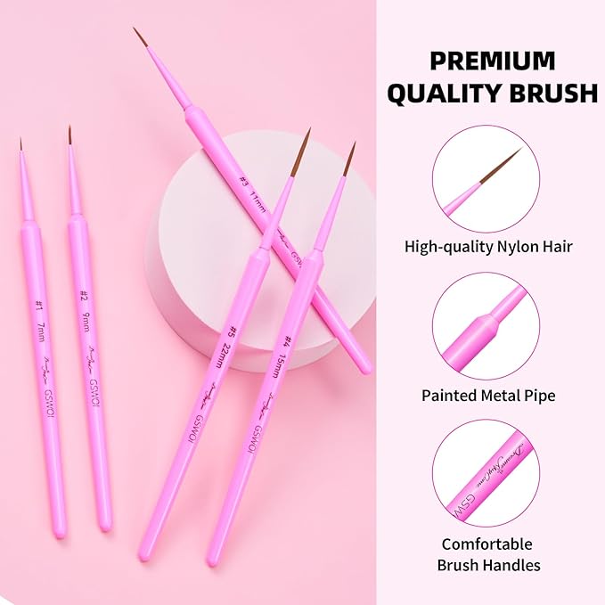 Nail Brush Set for Nail Art Liner Brushes,GSWOI 5Pcs Thin Liner Striping Brush for Nails Gel Polish Painting Designs Elongated Lines -Sizes 7/9/11/15/22mm(Green)