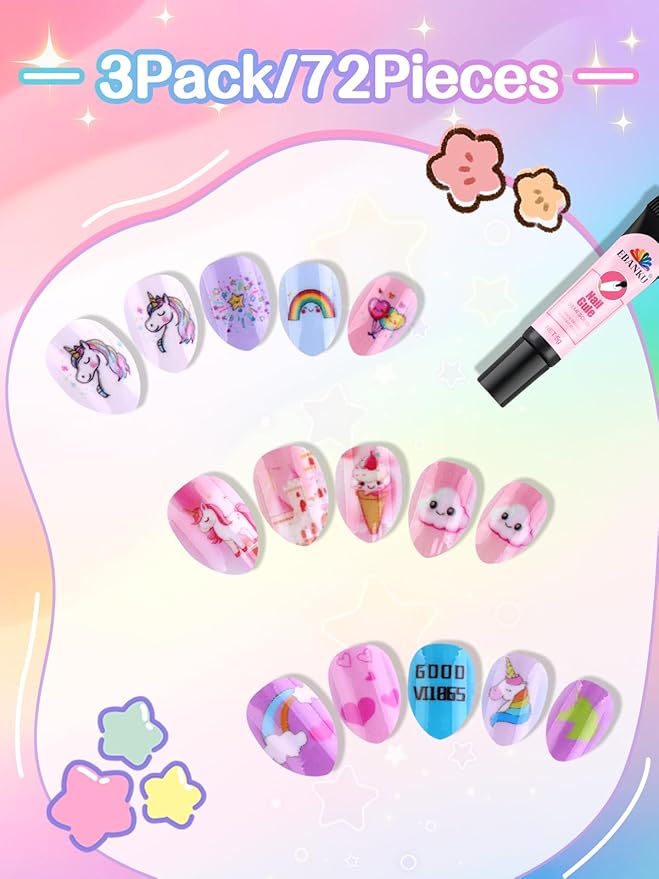 EBANKU 72Pcs Press on Nail Kid, Ice Cream Cute Pattern Fake Nails for Kids Colorful Press on Nail Short Artificial False Nail Kits for Nail DIY