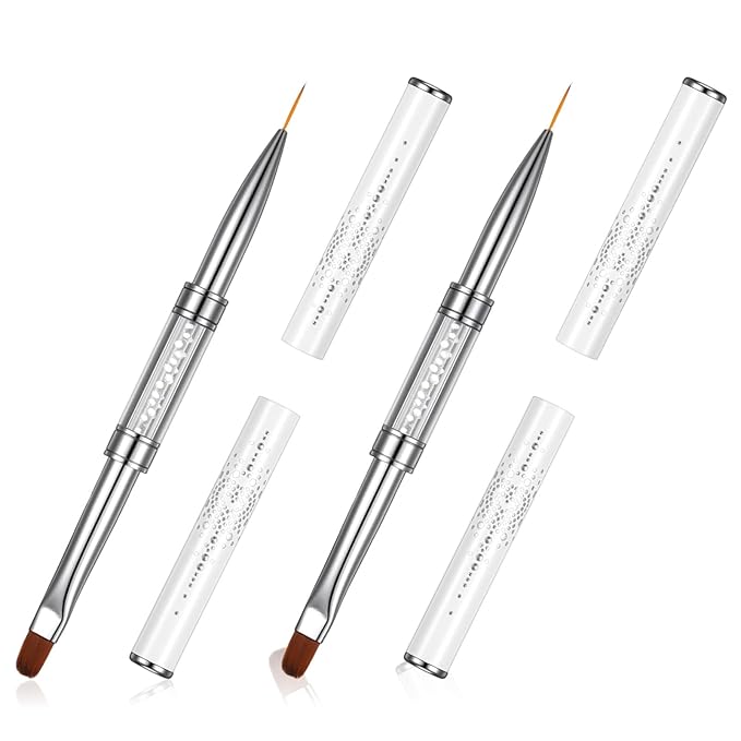 2PCS Double Ended Nail Builder Gel Brush French Tip Brush Hard Gel Brushes Nail Liner Brush Rhinestone Handle Nails Art Brushes for Nails Design Professional NailArt