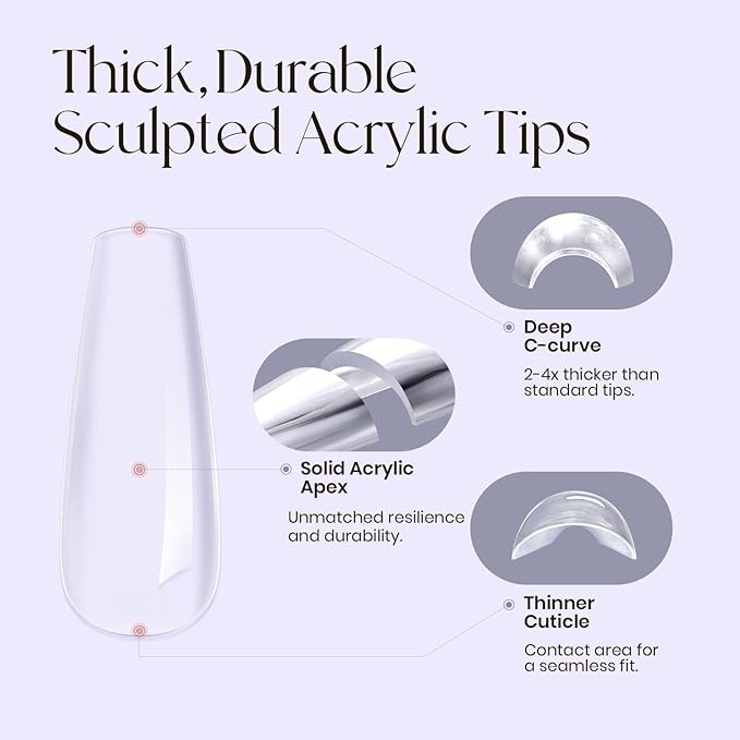Tipex Instant Apex Nail Tips – Pre-Etched Acrylic Hard Gel Tips Kit for Flat Nails, Long Coffin Deep C Curve, Full Cover Press-On Nails for Beginners, UV Glue & LED Lamp Set