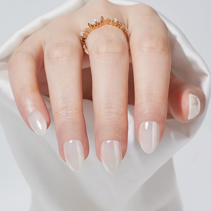 Press On Nails Short - Findigit Press On Nail, Short Almond Fake Nail White with Nail Glue, Fit Perfectly Natural Reusable Stick On Nails in 16 Sizes - 32 Glue On Nail Kit, Almond Glossy