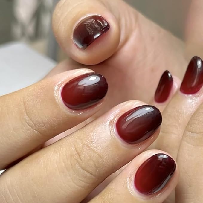 Burgundy Gradient Press On Nails Short Oval, Dark Red Fake Nails with Glossy Gel Finish, Fall Reusable Glue On Nails Kit for Women, Trendy Ombre Design False Nails Set, 24Pcs