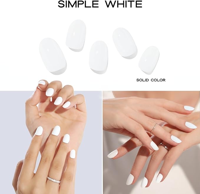 Semi Cured Gel Nail Strips with 30 Pieces - UV Gel Stickers, Manicure Kit, Easy Application Wraps Includes Prep Pads, Nail File, Wooden Stick - UV Light Required (Simple White)