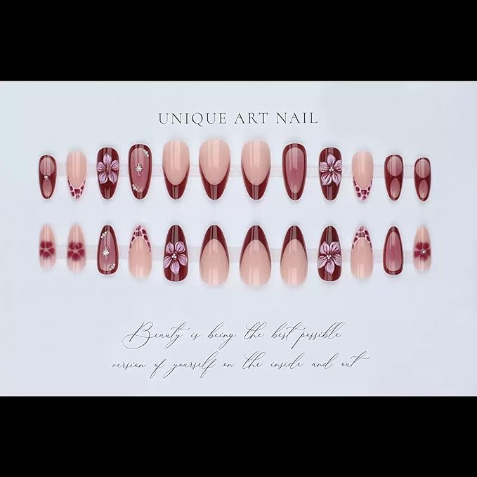 Press on Nails Almond - Medium Fake Nails with Flower Design - Ombre, French Tip False Nails - for Women 24 Pcs