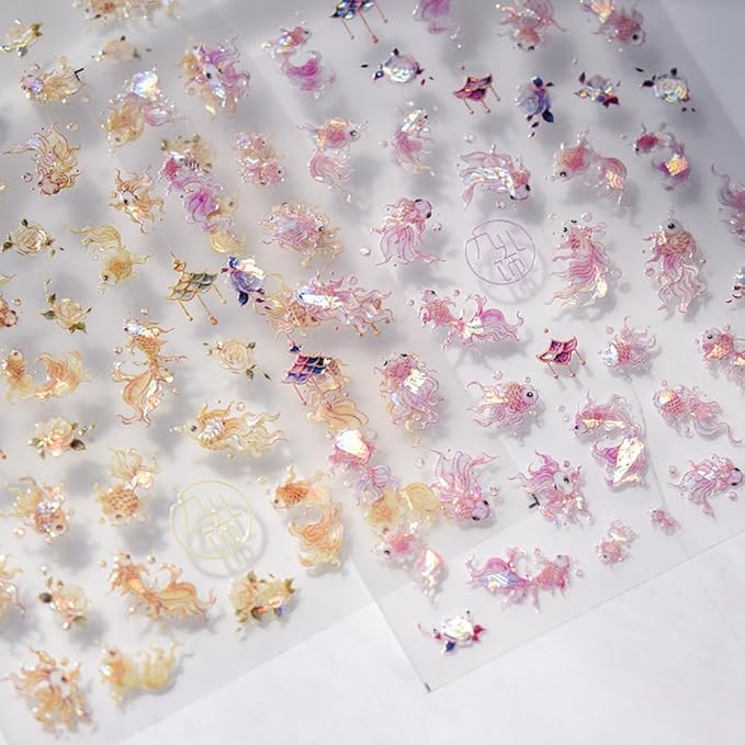 3Sheets Lucky Fish Nail Stickers Gold Pink Laser Chinese Character koi Acrylic Nail Decals for Chinese New Year Tattoo Design Supplies (Fish)