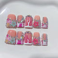 10 Pcs Thick Press on Nails Medium Duck Handmade Nails with Glue,Nude Pink False Nails Luxury Rhinestone Fake Nails with Red Dot Glossy Acrylic Reusable Stick on Nail for Women（Size M）