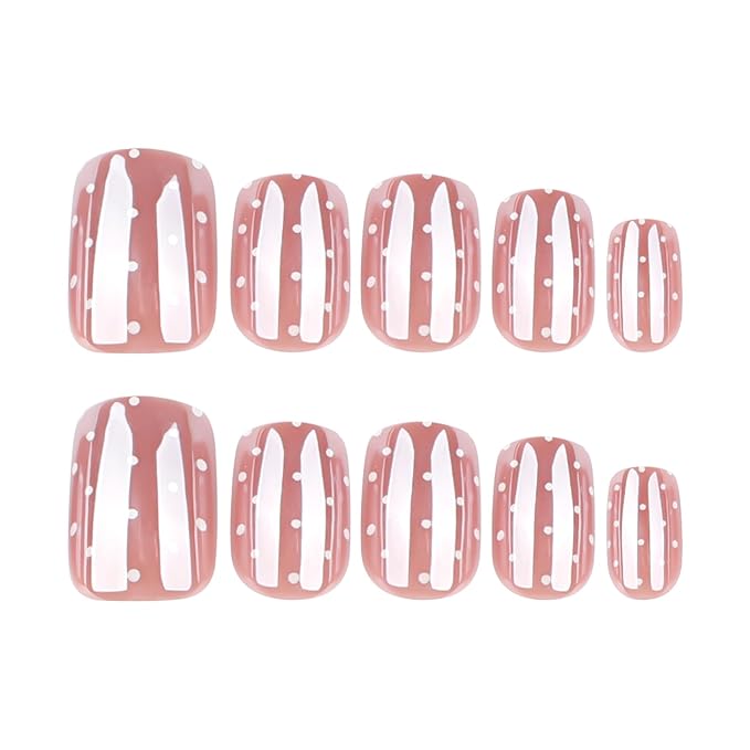 Square Press on Nails - Short Fake Nails with Polka Dot Design - Glossy, Chrome Full Cover Stick on False Nails - for Women 24 Pcs