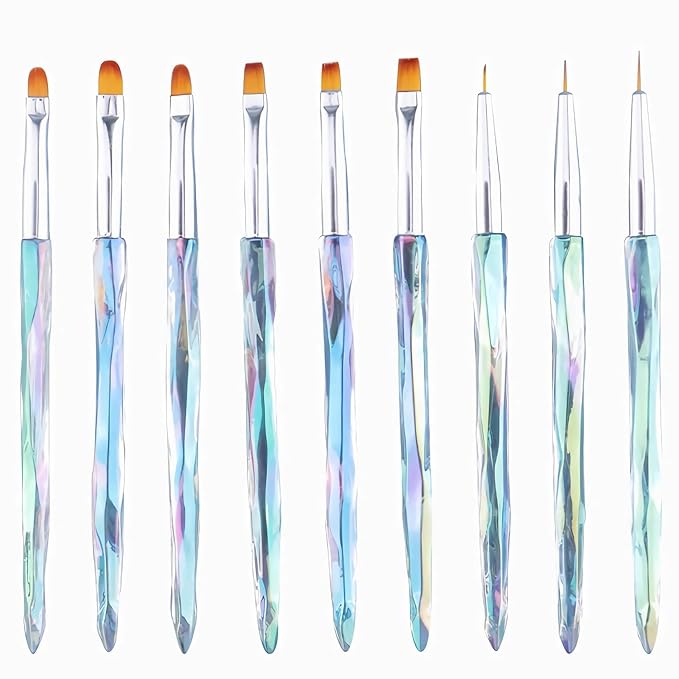9pcs Crystal Nail Art Brush Set – Acrylic Gel Brushes for Nail Design, Liner & Flat Tips, Iridescent Handle, Professional Manicure Tool Kit for DIY or Salon Use