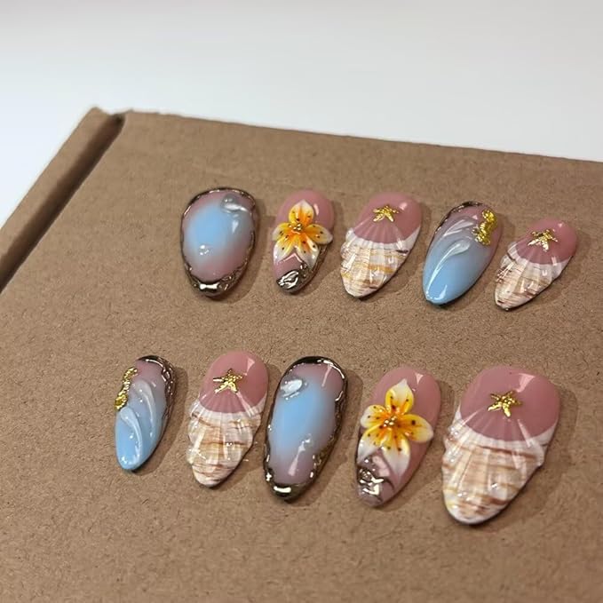 Press On Nails - Handmade Medium Length Almond French Tip Fake Nails, Shell Painting Design, Reusable Artificial Almond False Nails for Women 10 Pcs Acrylic Nails Kit (Size L)
