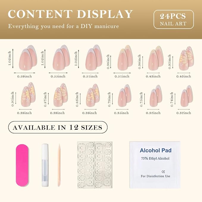 evpct Flower French Tips Press on Nails Short Almond for Women Gift, Nude + Yellow Tips, Glossy Soft Gel Press Stick on Nail with Nail Kit, Supremely Fit Full Cover, Reusable Acrylic Fake Nails Kit