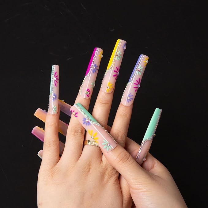 LOVFUL Press on Nails Wild Blooming | Handmade with Full Covered Crystals | Reusable Fake Nails | Square | H156-M, pink