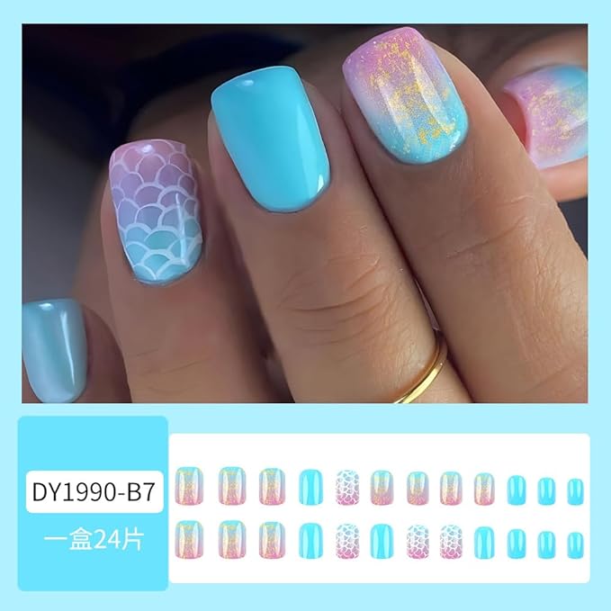 Press On Nails Summer Fake Short Square False Nails Press ons Gradient Designs Acrylic Stick On Nails Tips Glue On False Nails Kit For Women Manicure Decoration