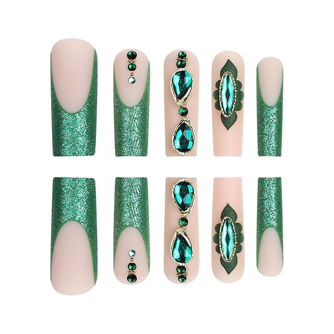 Long Square Press on Nails Green French Tip Fake Nails Green Gem Flower Design Full Cover Glossy Glue on Nails for Women 24PCS