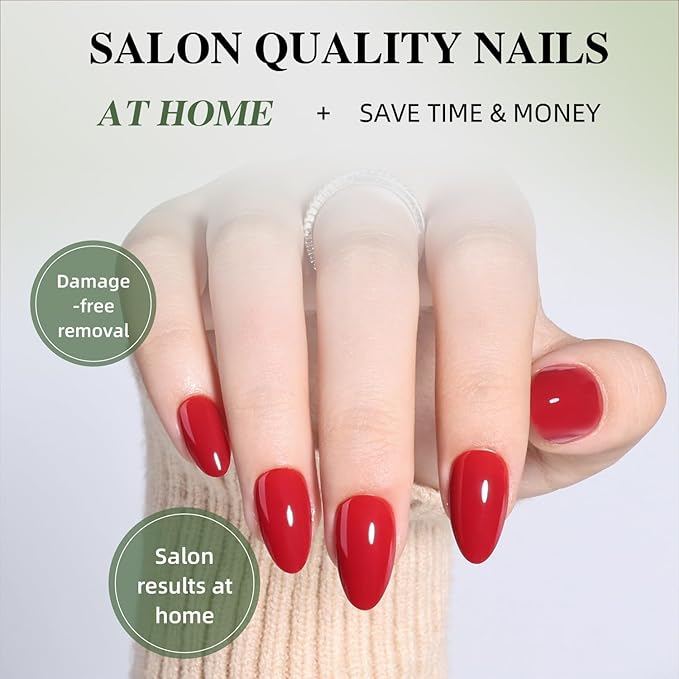 Red Press On Nails Almond - Red Milk Short Fake Nails, Almond Press On Nails Reusable Stick On Nails in 16 Sizes, 32pcs False Nail Kit for Women & Girls