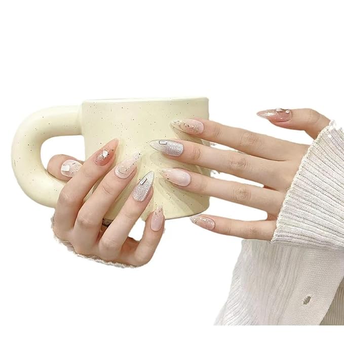 Handmade Press on Nails,Acrylic Fake Nails Kit,Luxury glitter orange white silver rhinestone Design Nail Art Kit,Reusable False nails,Include Toolkit,10pcs,Size S，#1947
