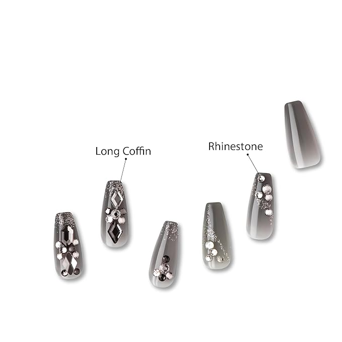 GoldFinger Premium Luxury False Nails Kit, Ready to Wear Fake Nails, Manicure Stick and Glue Included, Long Coffin Shape with 3D Rhinestones, Long-Lasting Hottest Trend Glue on Nails
