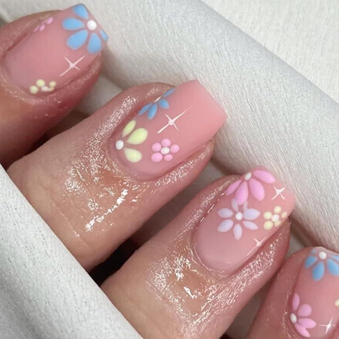 Press on Nails Square Short Pink Fake Nails Short Press ons Nail Tips Artificial Acrylic Kit Full Cover False Nail with Multicolor Flowers Glossy Design Stick on Nails Women 24Pcs