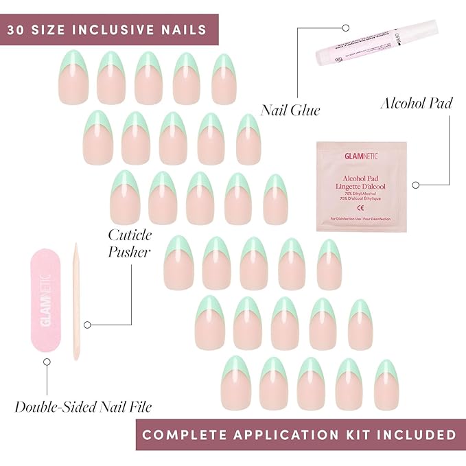 Glamnetic Press On Nails - Pistachio Crème | Short Almond Fake Nails with Mint Blue French Tips and Glossy Finish, Salon Quality | 15 Sizes - 30 Nail Kit with Glue