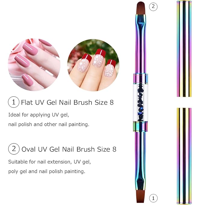 2Pcs Dual-ended UV Builder Gel Nail Brush Set Rhinestone Handle Nail Art Liner Brush Polygel Hard Gel Nail Brushes