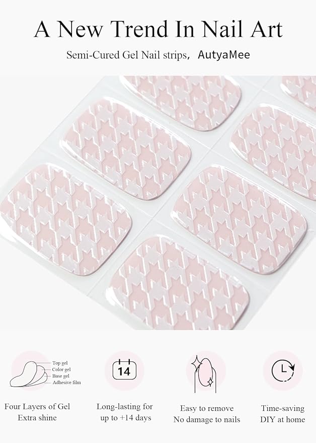 Semi Cured Gel Nail Strips (White Houndstooth), 20 Pcs Gel Nail Wraps, Stickers, UV Light Required, Salon Quality, Long Lasting