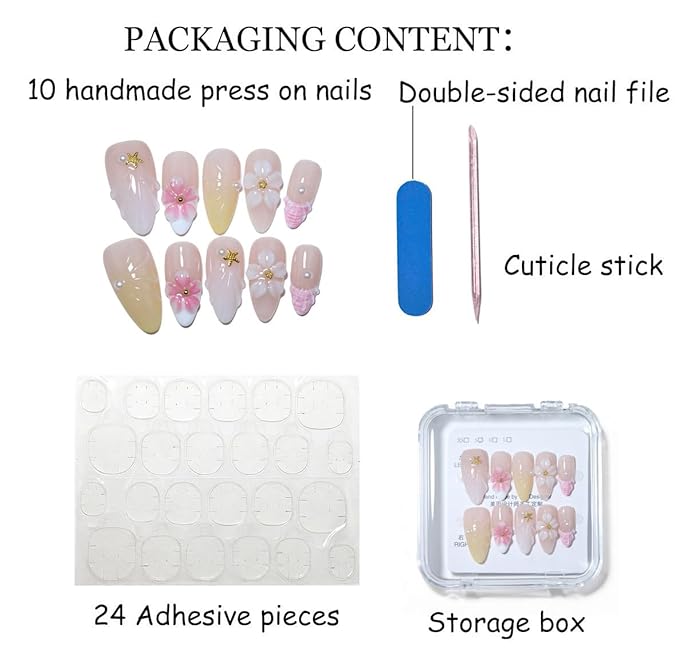 10Pcs Medium Almond Handmade Press On Nails | Nude Pink & Yellow Ombre with Seashell, Starfish, 3D Floral & Pearl Decor | Reusable Salon-Quality Fake Nails for Women and Girls (25901, M)
