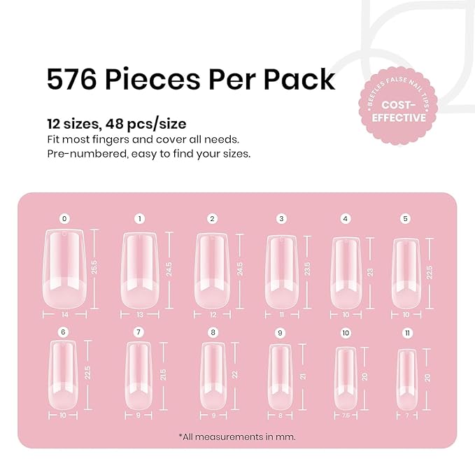 Beetles Nail Tips Medium Square 576Pcs 12 Sizes - Pre-Etched Soft Acrylic Nail Tips Half Matte False Nails Nail Art Full Cover Press Ons Nail Extensions Gift Set Home DIY Nail Salon