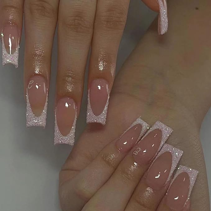 Hkanlre Shiny Square Press on Nails Shiny Fake Nails French Tips Full Cover Medium Pink False Nails for Women and Girls 24PCS