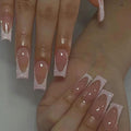 Hkanlre Shiny Square Press on Nails Shiny Fake Nails French Tips Full Cover Medium Pink False Nails for Women and Girls 24PCS