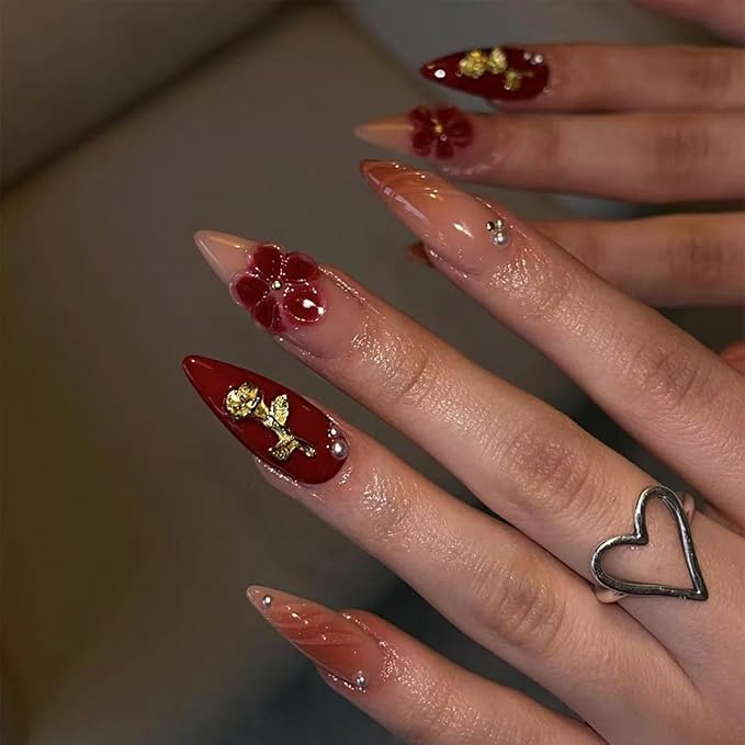 Long Press on Nails Almond Nude False Nails with Gold Rose Nude Gradient Fake Nail for Party Stick on Nail for Women 24pcs
