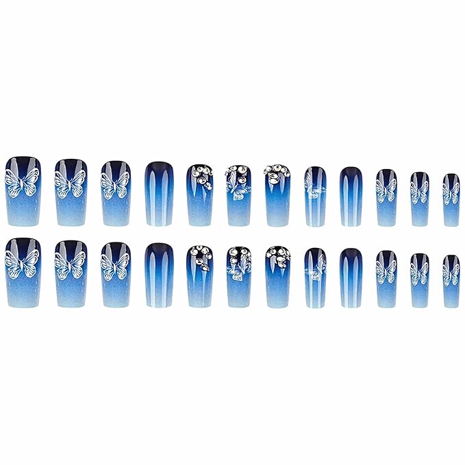 MISUD Press on Nails - Long Square Fake Nails with Blue Ombre, Acrylic Butterfly Design 24 pcs