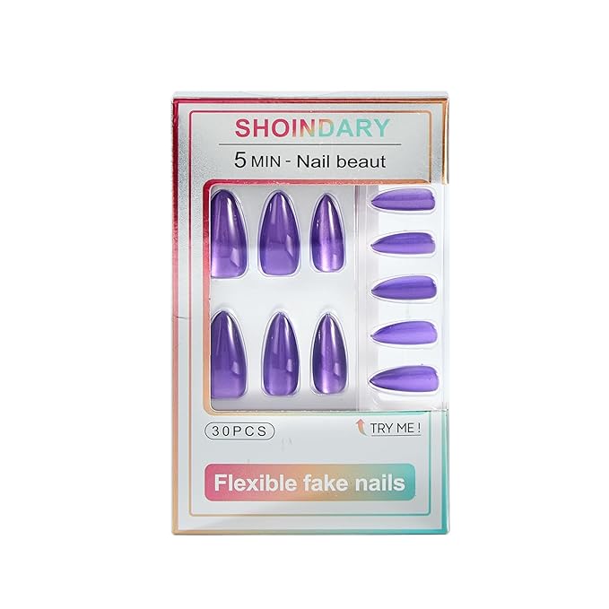 Cat Eye Press on Nails Medium, Fashion Purple Glitter Press on Nails, Soft Gel Fake Nails, Reusable & Natural Acrylic False Nails, Stick on Nails for Women Gift, Glue on Nails Kit 30 Pcs