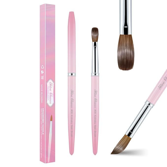 Acrylic Nail Brush Size 08, 100% Pure Kolinsky Nail Brush for Acrylic Application, Professional Nail Extension Manicure Tool Nail Drawing Pen for DIY Home Salon(Pink)