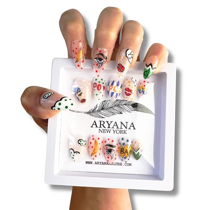 Handmade Press on Nails 3D Almond Fake Nails Clear Press on False Nails with Hand Painted Pop Art Design with French tips Fall Nails for Women 10 PCS Handcrafted - Pop Art Collection - (Small)