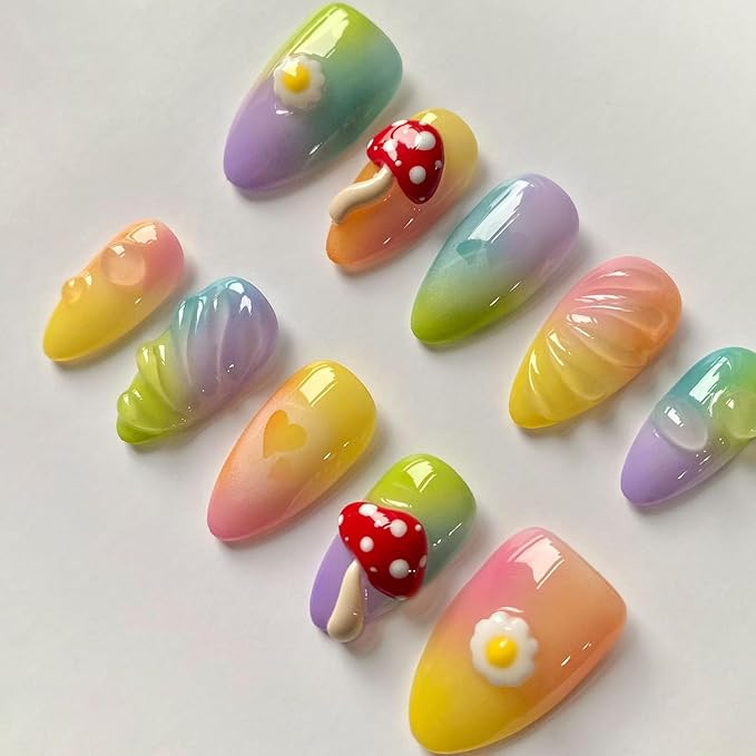 Handmade Press on Nails Short Almond 3D Unique Reusable ABS Material Cute Fake Nails Luxury False Nails with Designs Mushroom Egg Colorful Glossy Glue on Nails Thick Acrylic Nails(M)