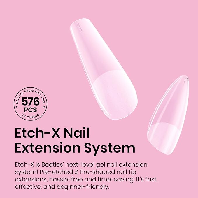 Beetles Medium Almond Nail Tips 576pcs 12 Sizes, Pre-Etched Soft Gel Nail Tips Half Matte Full Cover Press on False Nail Tips Clear Acrylic Nails Glue on Nails DIY Nail Extension Gift for Women