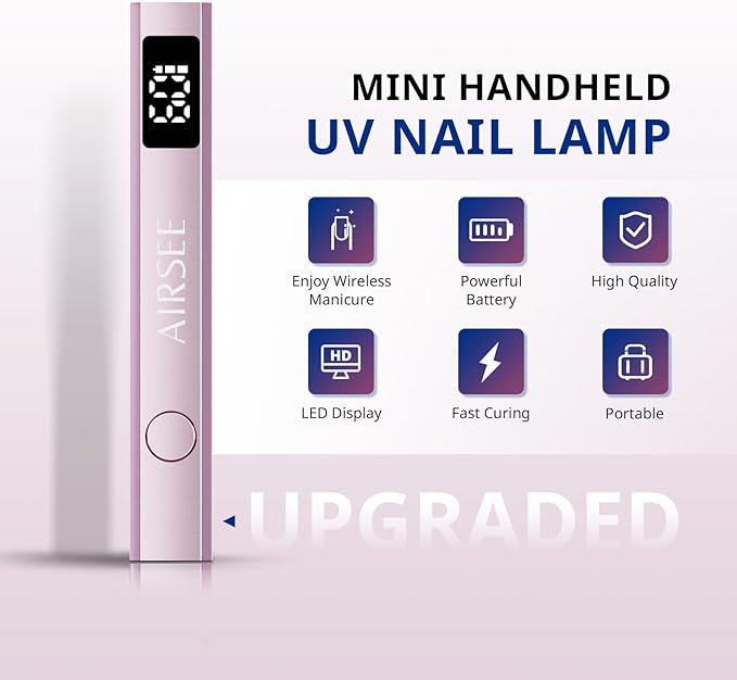 AIRSEE Cordless Mini Nail Lamp,Handheld UV Light with LCD Display for Gel Nails,Rechargeable USB Nail Dryer for Fast Cure,Rhinestone Glue Decoration,Gel Nail Strips at Home,Travel(Pink)