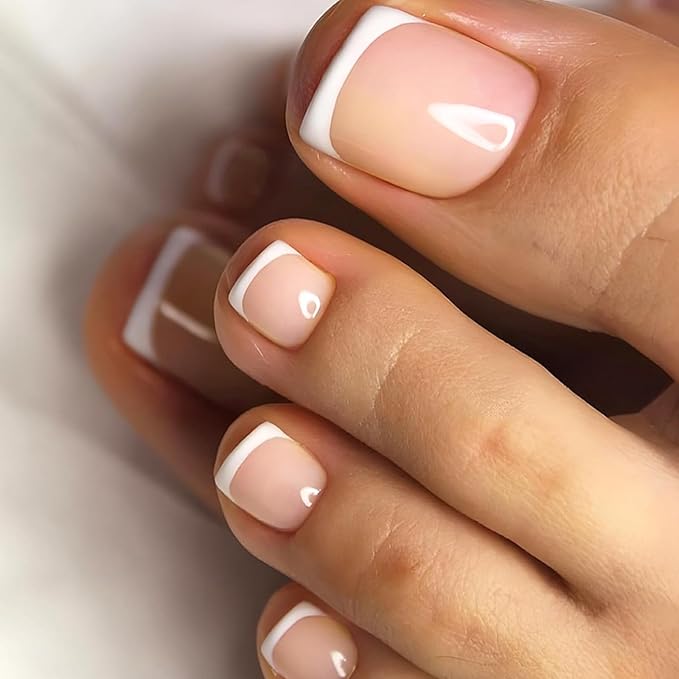 26 Pcs Semi Cured Gel Toe Nail Strips White French Tip Gel Nail Stickers Full Cover Nails Wraps Nude French Toe Nails Polish Strips Stickers for Women UV/LED Light Required