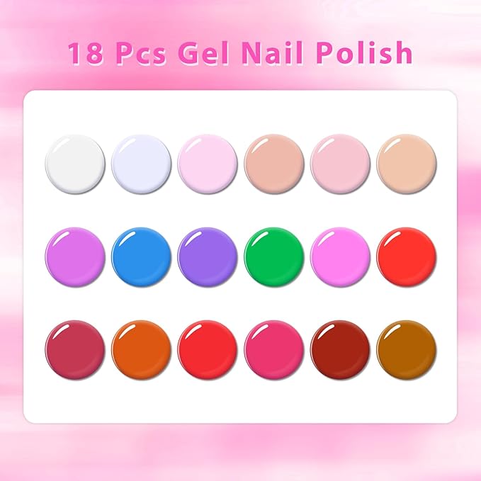 Jelly Gel Nail Polish Kit- 18 Trendy Bright Colors Sheer Pink Amber Soak Off UV/LED Lamp Curing, Chip Resistant & High Shine, DIY Home Manicure & Salon Use for Women & Teens