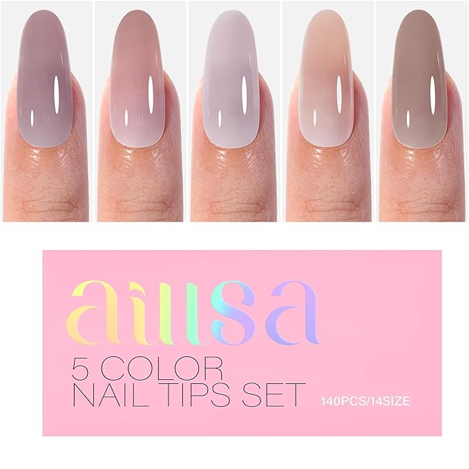 AILLSA Medium Gel Nail Tips Oval Shape 5 Natural Colors 4 in 1 False Nail Tips Set Press on Nails 140 PCS Pre-applied Tip Primer