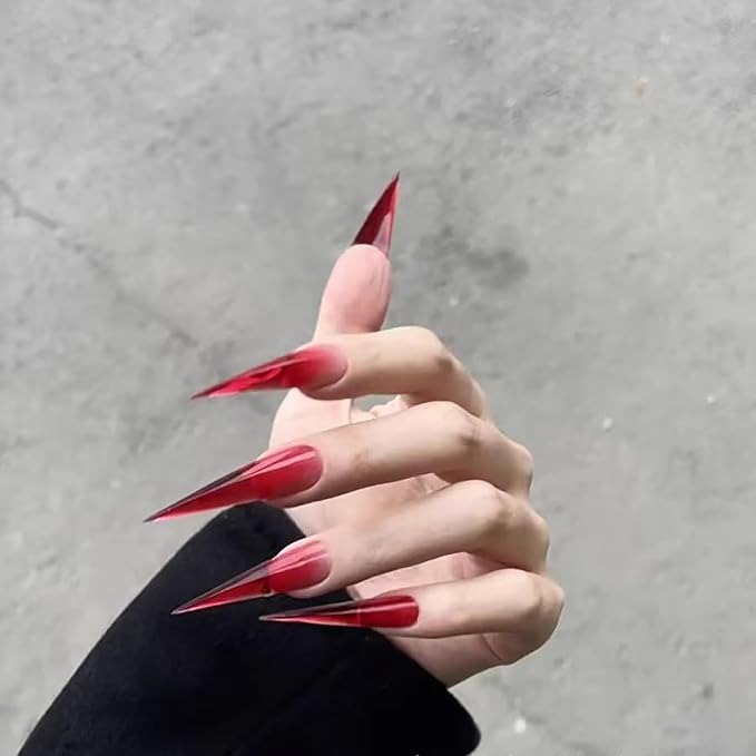 Luxury Press on Nails Long Curved Stiletto Handmade Eagle Claw Unique Reusable ABS Material Red Fake Nails Dragon Claw False Nails with Designs Cat Claw Glossy Glue on Nail Thick Acrylic Nail(M)