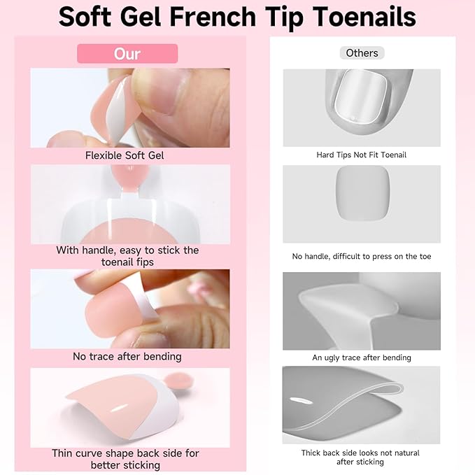Toe Nail Tips, 240Pcs French Press On Toenails Kit, Nude Square Pre-Designed Soft Gel False Toenail Extension, 12 Size Full Cover Fake Toenail Press Ons for Women
