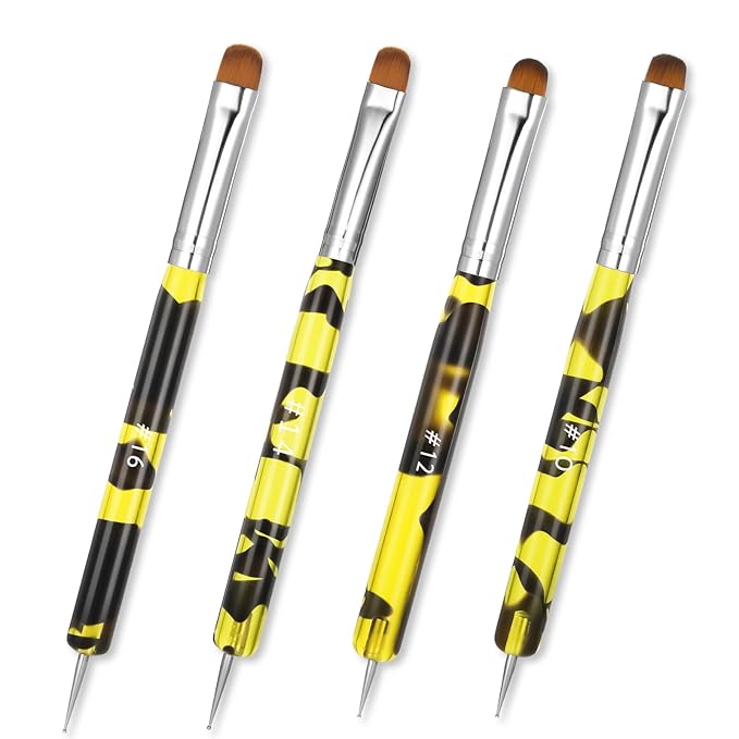 4pcs French Tip Brush for Nails French Gel Acrylic Nail Art Brush Two Way Professional Nail Art Brush with Dotting Tool for Cuticle Clean up Detailed Designs Nail Dotting Pen (10#, 12#, 14#, 16#)