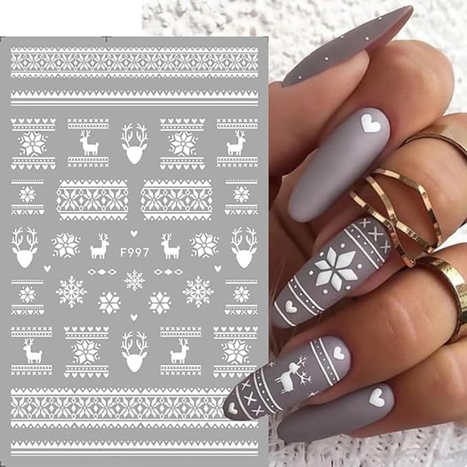 10 Sheets Christmas 3D Snowflake Nail Art Stickers - White Self-Adhesive Glitter Design Winter Decals for Xmas and New Year - DIY Acrylic Nail Supplies for Women and Girls