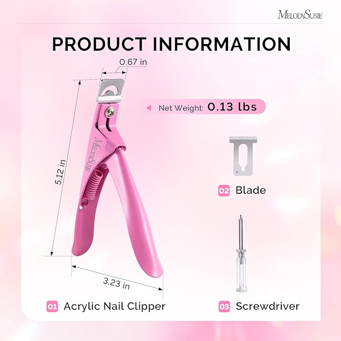 MelodySusie Acrylic Nail Clippers, Professional Nail Clippers Cutters for Acrylic Nails Fake Nail Tips, Adjustable Stainless Nail Trimmer, Manicure Tool for Salon Home Nail Art, Pink