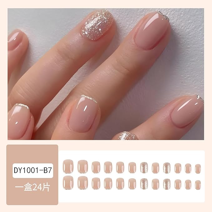 French Tip Press on Nails Glitter Petite Short Square Fake Nails Pink Nude Glossy Design Sparkly False Nails Glue on Nails with Full Cover Acrylic Stick for Women Girls Nail Decorations 24Pcs
